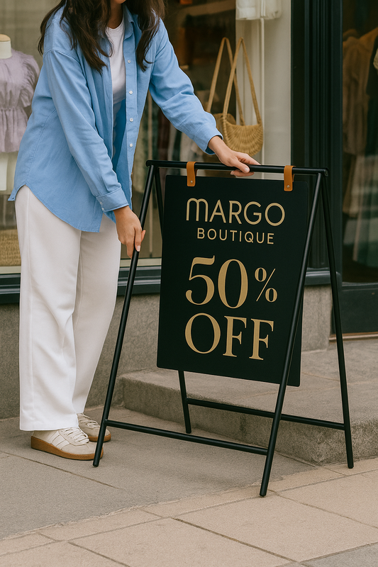 Şık fontlu A-frame tabela, pastel vitrinli butik önünde konumlanmış şekilde görüntüleniyor.