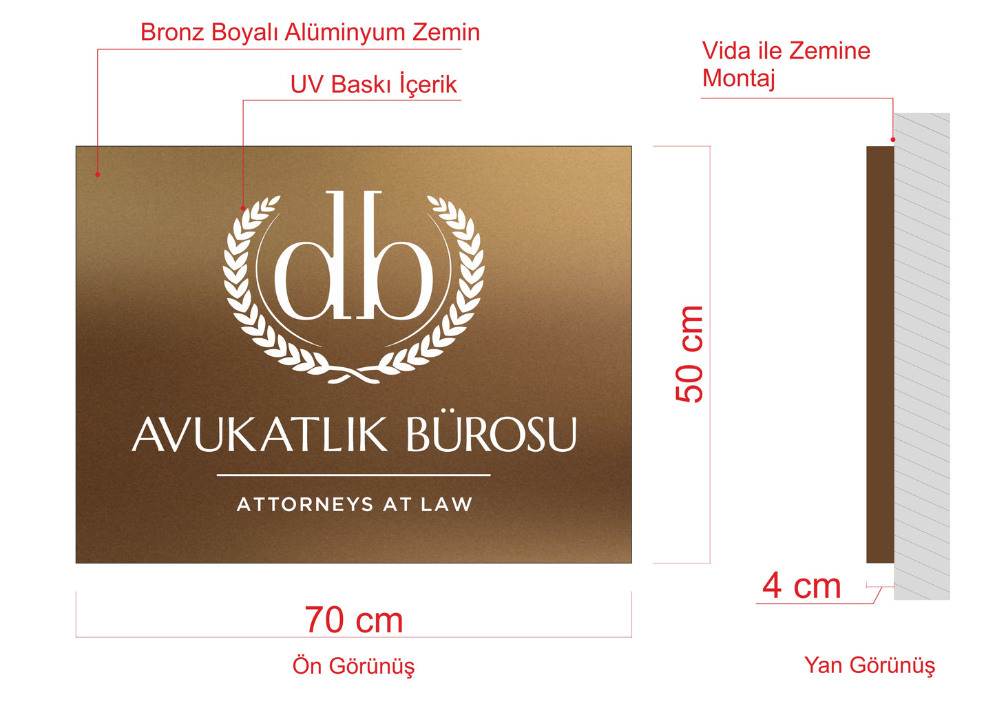 DB Avukatlık için üretilmiş logo ve firma adı bulunan kurumsal hukuk ofisi tabelası