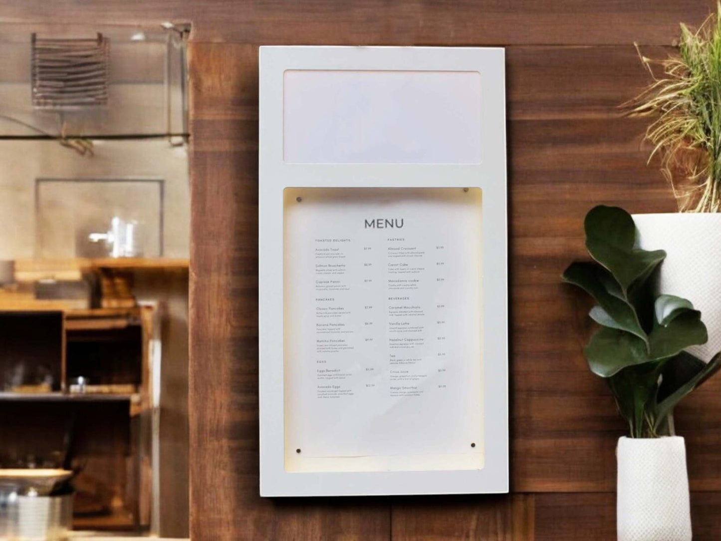 Ahşap yüzeye monte edilmiş ışıklı menü kutusu.
