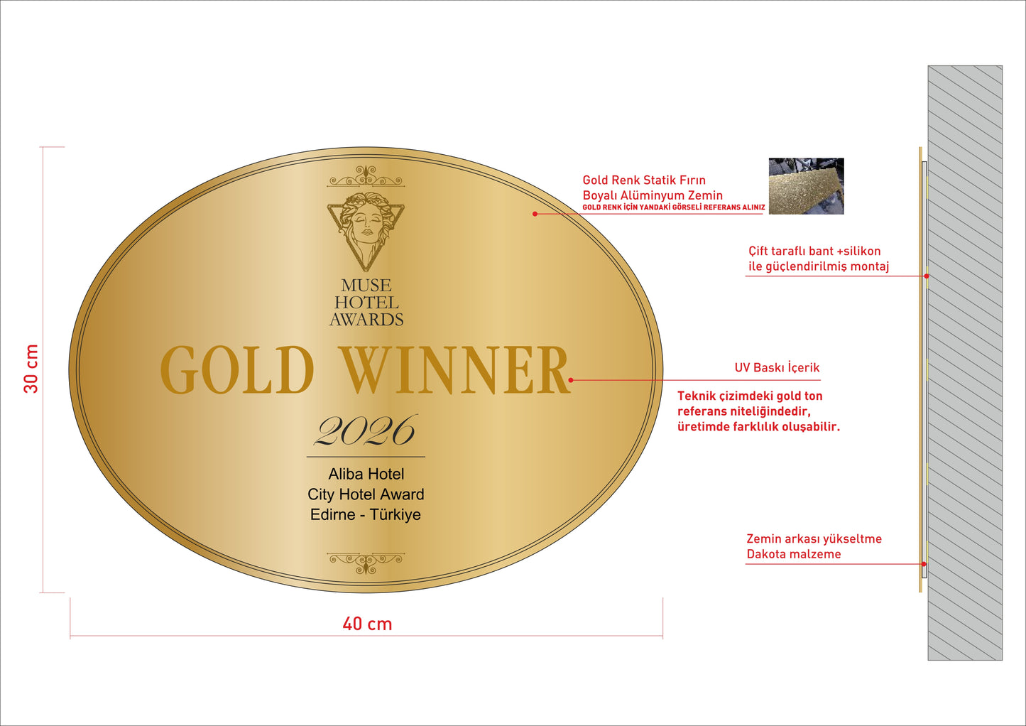 Otel, restoran ve kurumsal işletmelere özel üretilebilen gold ödül tabelası.