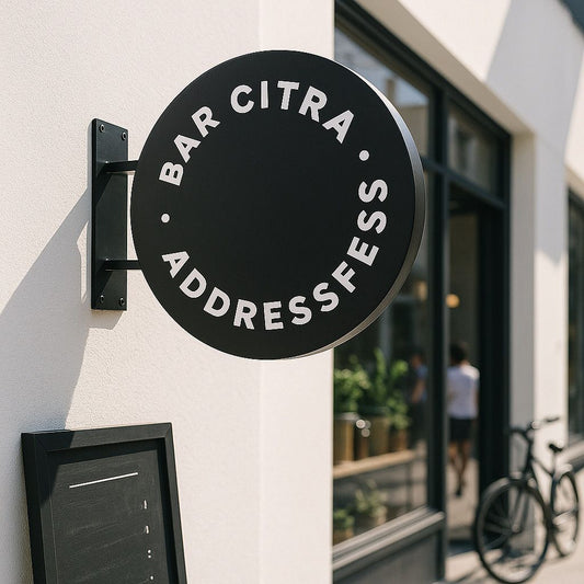 siyah renkli, metal gövdeli, duvara montajlı restaurant tabelası açık havada uygulanırken görüntüleniyor.