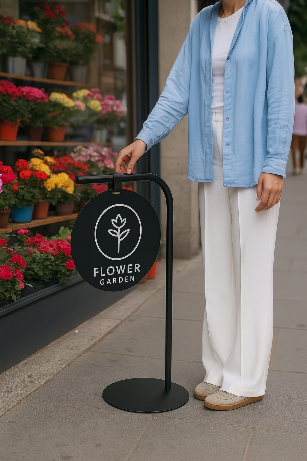 Siyah renkte boyanmış metal tabela, modern tasarımıyla dikkat çeker.