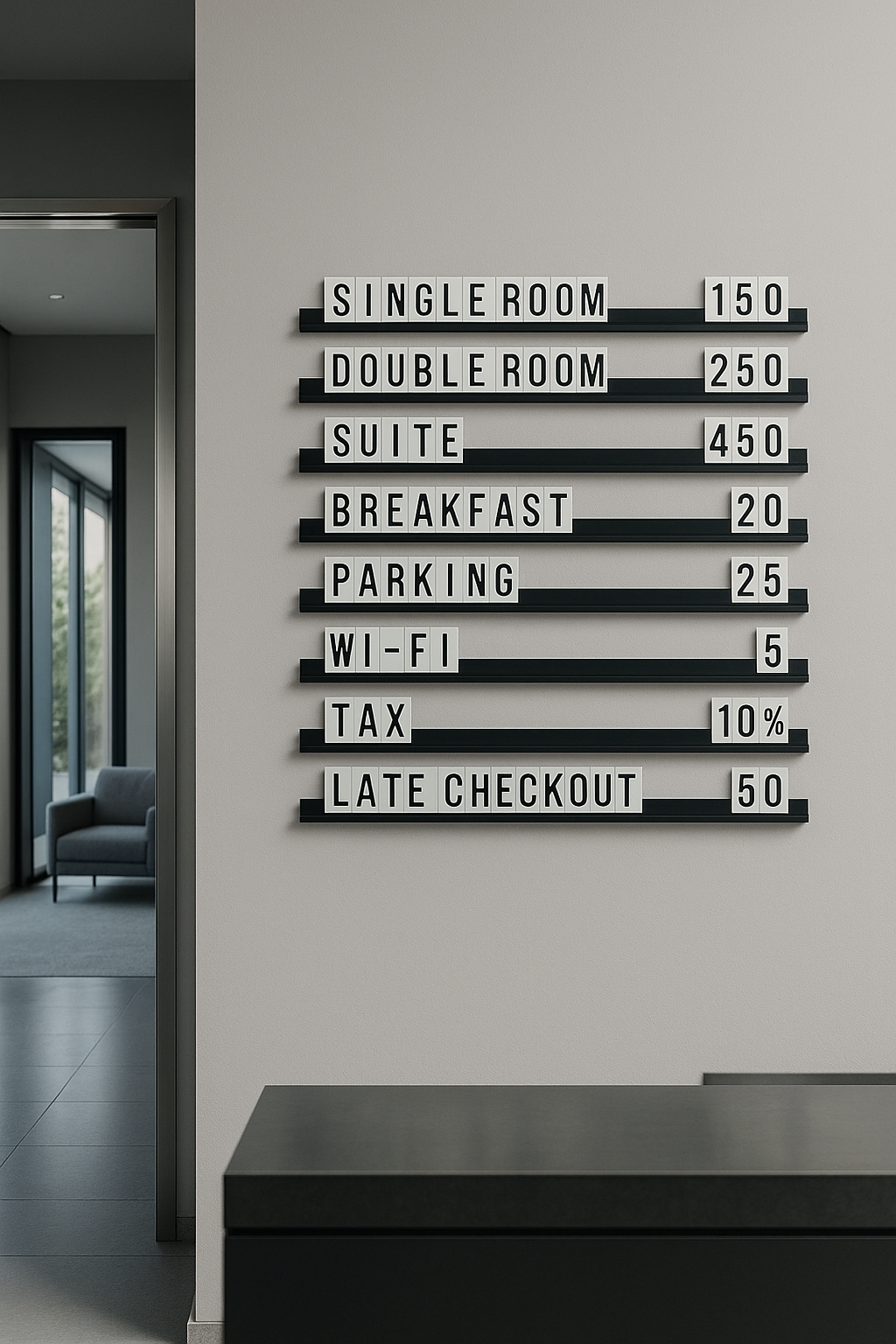 Otel lobisinde misafir bilgilendirme ve kuralların yazılı olduğu pano.
