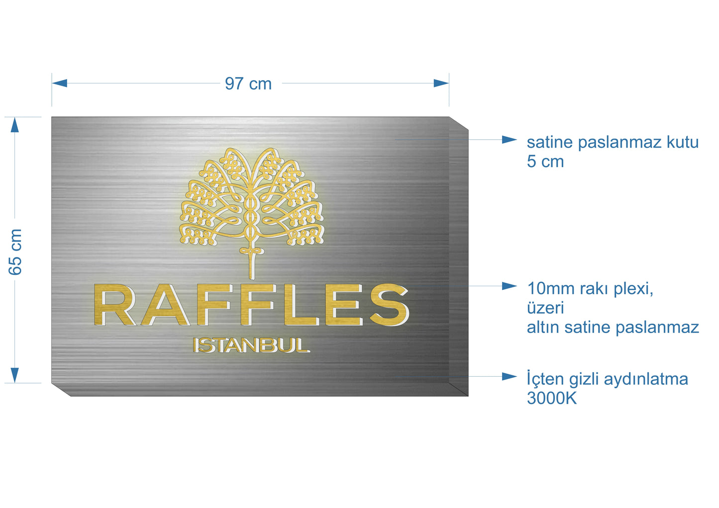 İşletme logosuna özel üretilebilen ışıklı metal otel duvar tabelası