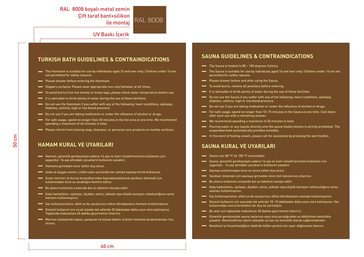 40x50 cm metal hamam ve sauna kural panosu, Türkçe İngilizce özel UV baskılı bilgilendirme tabelası