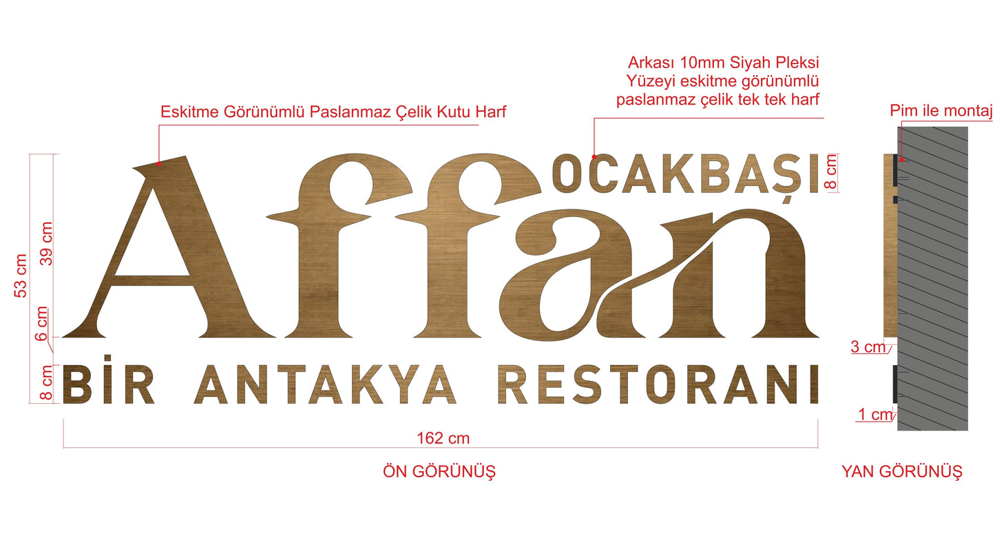 Affan Ocakbaşı logosuna özel hazırlanan metal harf tabela detayı
