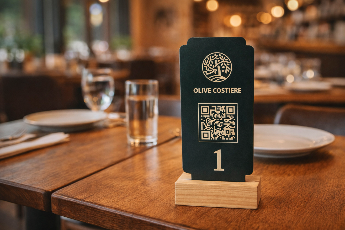 Ahşap ayaklı pleksi QR kod menü standı ve masa numarası tabelası restoran kullanımı