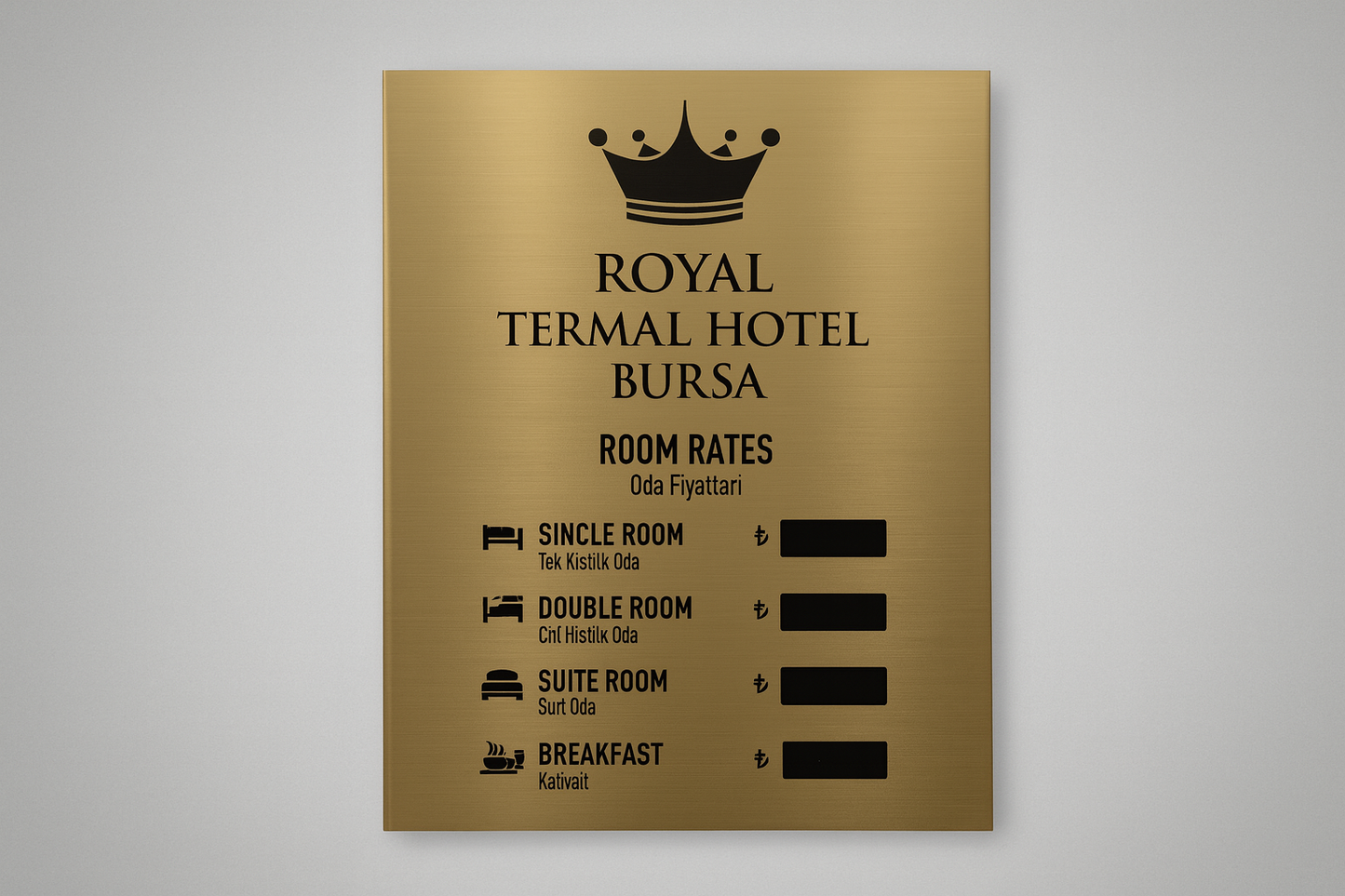 Altın renk paslanmaz çelik döviz ve oda fiyatları panosu, özel logo baskısıyla; otel lobisinde duvara monte edilmiş görüntü.