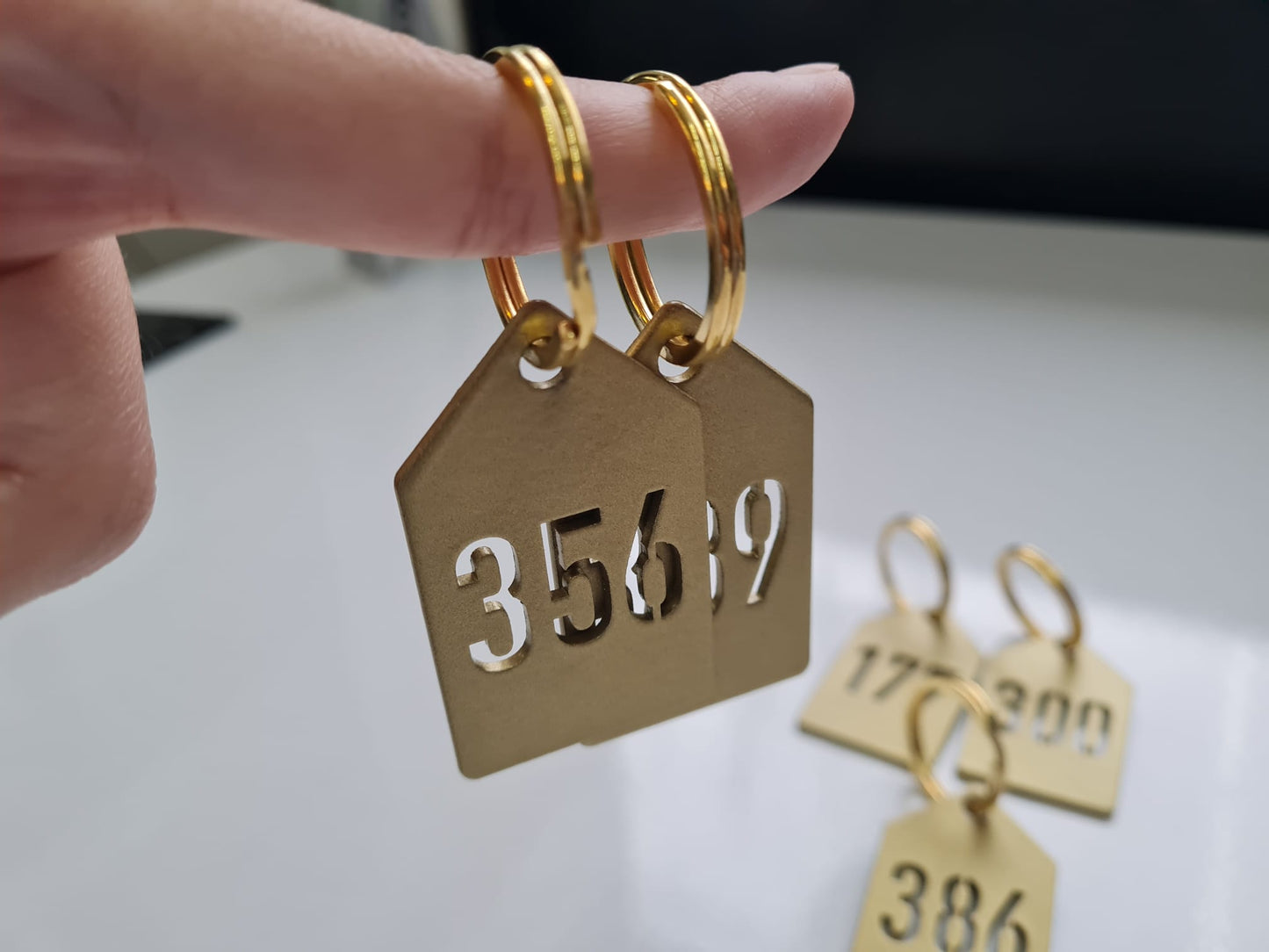 Gold yüzeyli alüminyum numara etiketi anahtarlık tasarımı