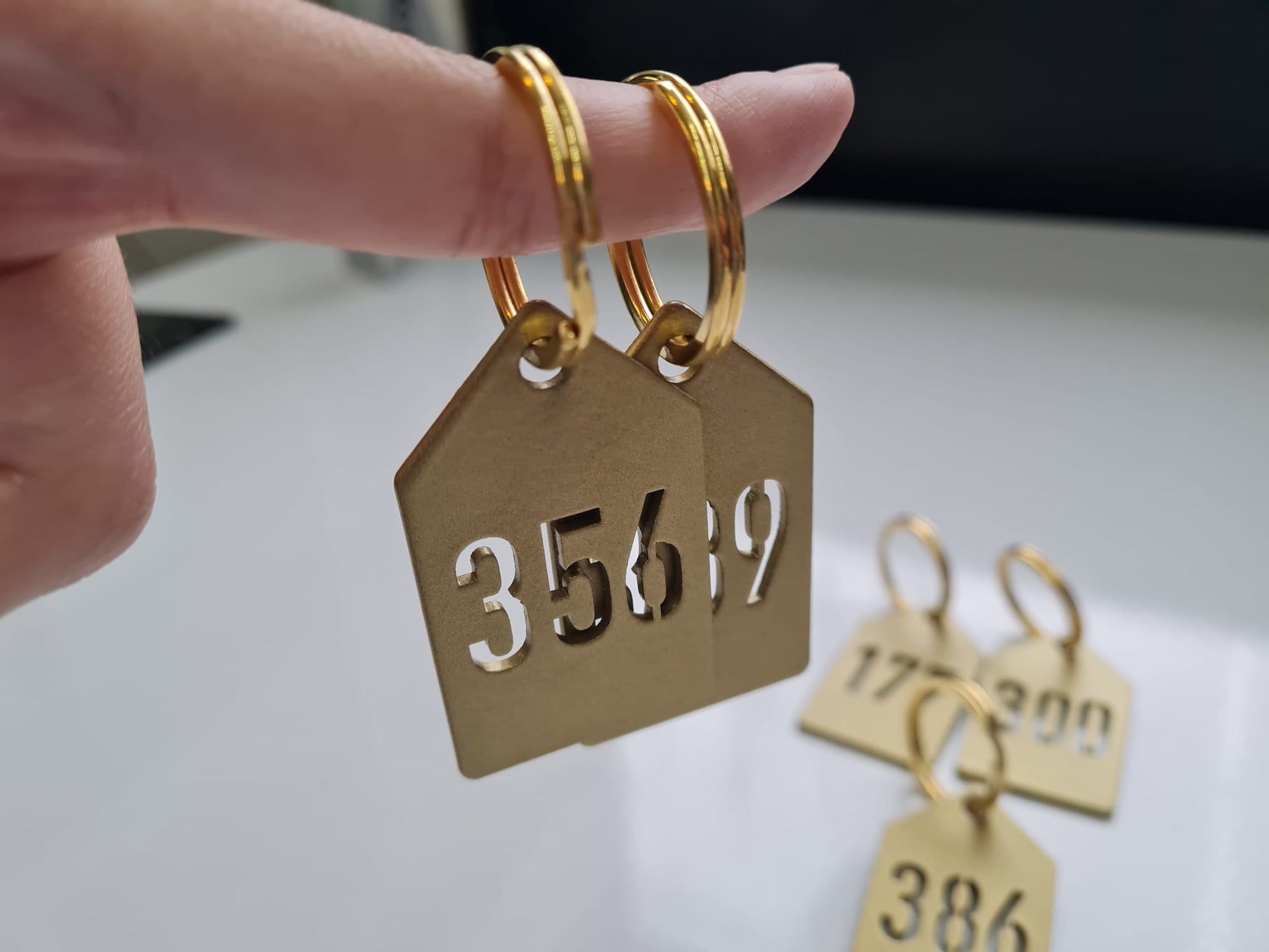 Gold yüzeyli alüminyum numara etiketi anahtarlık tasarımı