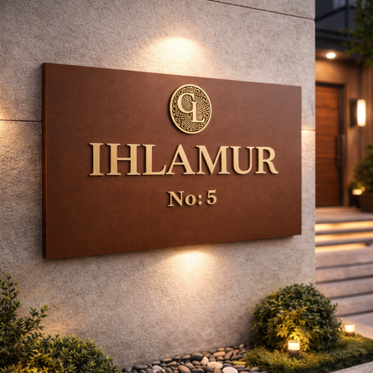 Özel üretim alüminyum apartman isim tabelası, kabartma harf uygulamalı giriş tabelası