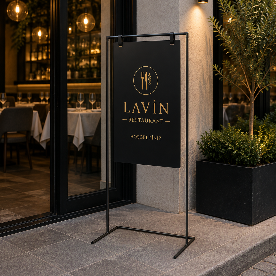 Restoran girişinde menü ve kampanya bilgilerini sergilemek için kullanılan askılı metal pano.