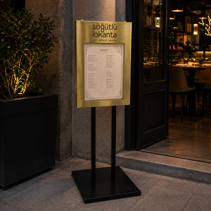 Restoran girişinde kullanılan A3 uyumlu ayaklı menü sergileme standı