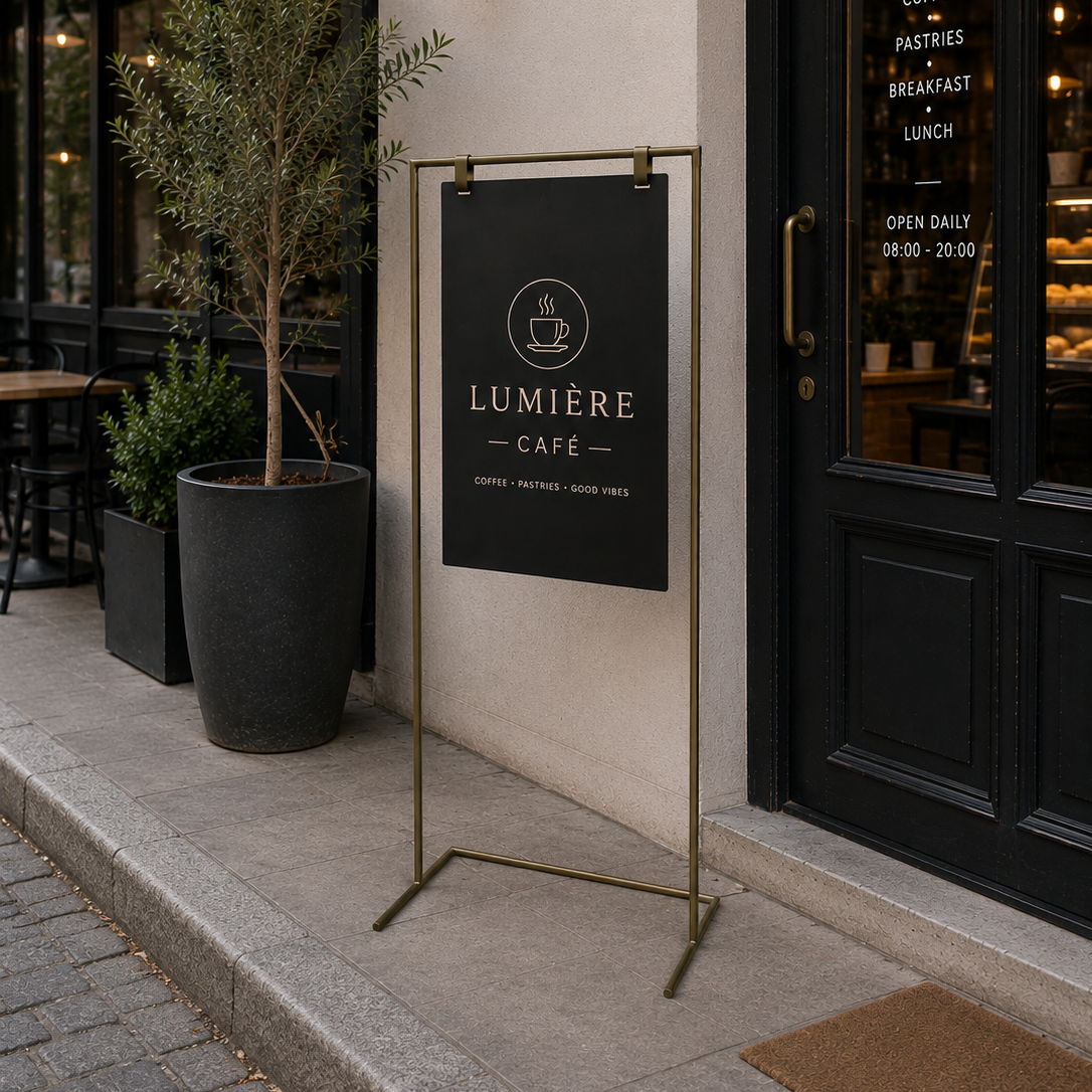 Cafe girişinde marka logosu ve karşılama mesajı için kullanılan metal askılı pano.