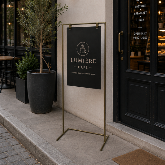 Cafe girişinde marka logosu ve karşılama mesajı için kullanılan metal askılı pano.