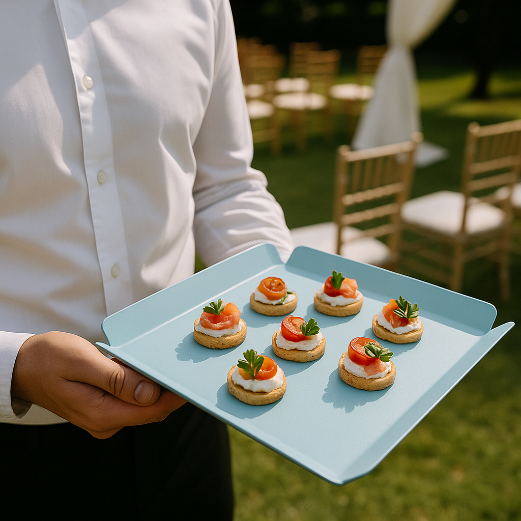 Catering ve organizasyonlarda sunum için kullanılan metal tepsi.