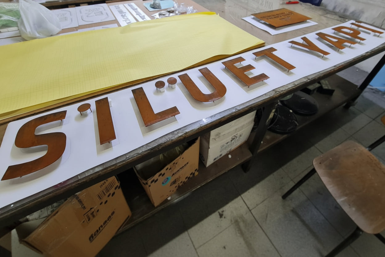 İşletme adı ve özel yazılar için üretilen pimli corten metal yazı tabelası