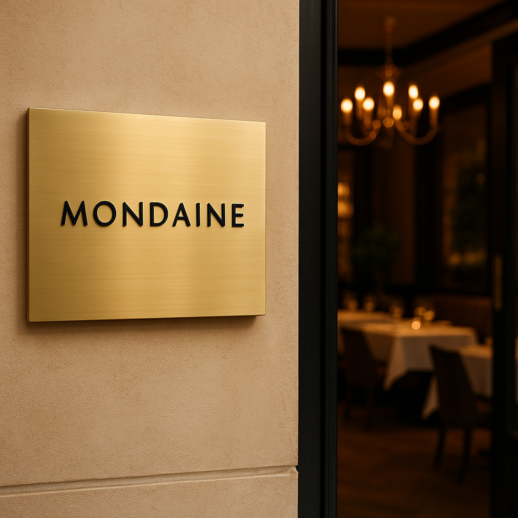 Elit ofis, otel ve restoran girişleri için tasarlanmış pirinç zeminli kabartma harfli tabela. Kurumsal kimliği güçlendirir.