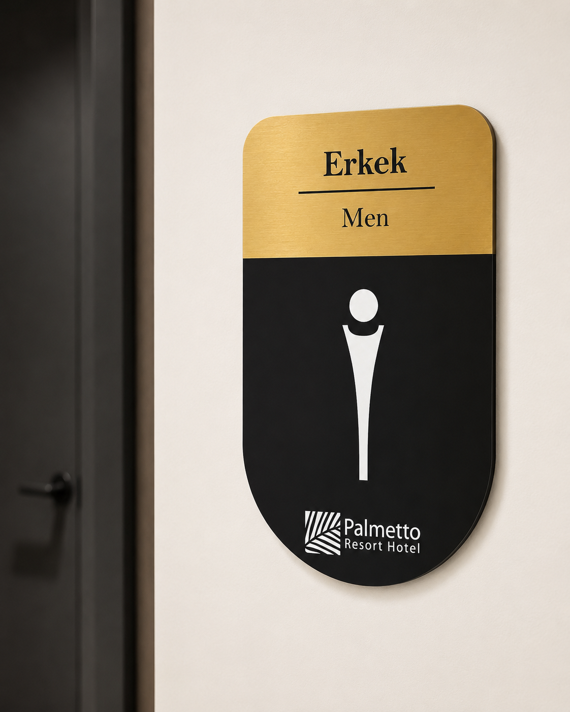 Gold metal erkek WC tabelası, otel ve işletmeler için UV baskılı kapı yönlendirme levhası.