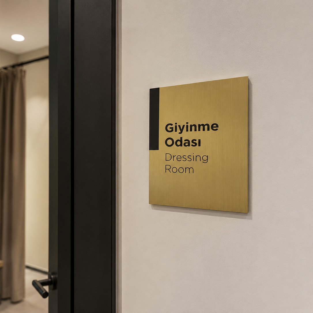 Giyinme odası girişinde kullanılan Türkçe ve İngilizce yazılı pirinç kapı tabelası.