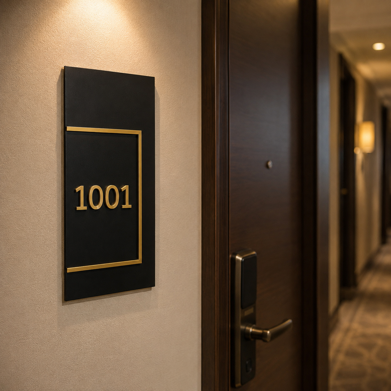 Gold kabartma rakam detaylı siyah alüminyum otel kapı numarası tabelası