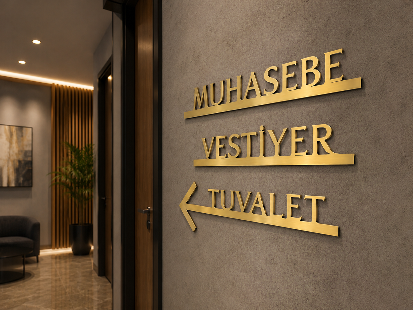Gold satine paslanmaz ve siyah pleksi katmanlı yönlendirme işareti