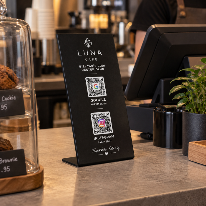 Google yorum ve Instagram QR kodlu masaüstü işletme standı