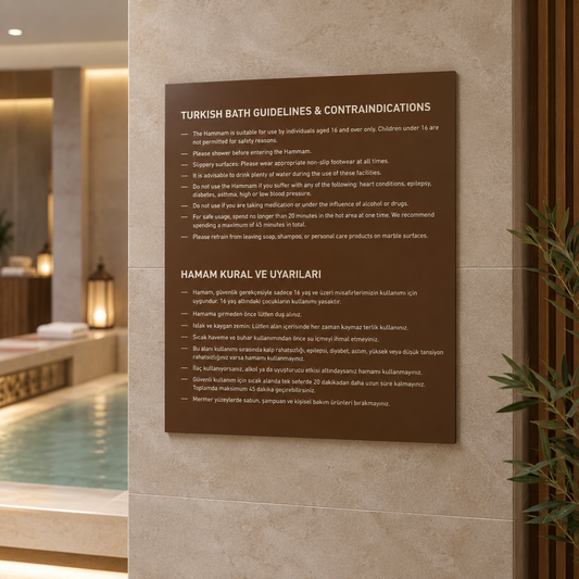 Hamam ve sauna kullanım kuralları için 40x50 cm metal bilgilendirme tabelası