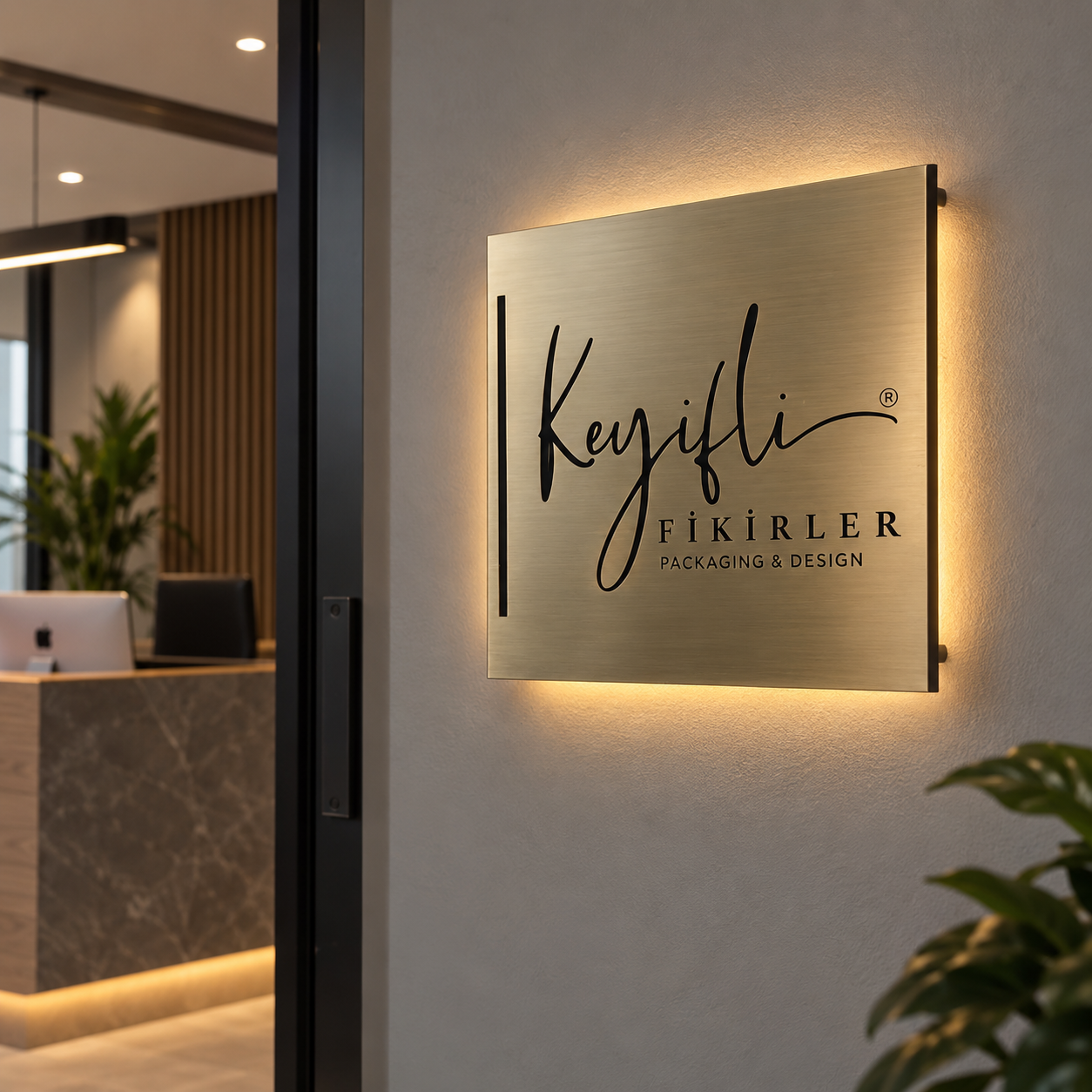 Eskitme metal yüzeyli arkadan ışıklı kişiselleştirilebilir ofis logo panosu