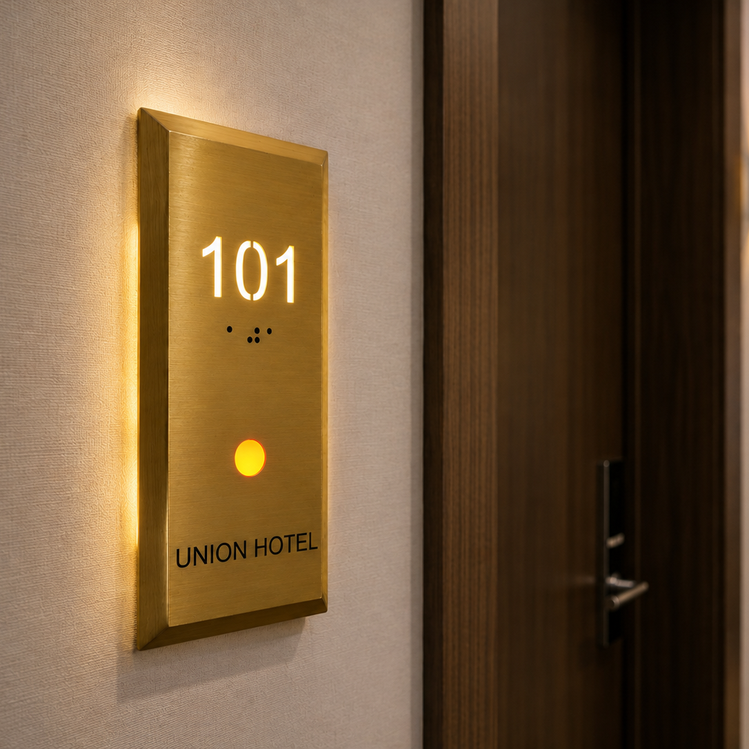 Işıklı otel oda numarası, satine pirinç yüzey ve aydınlatmalı numara detayı