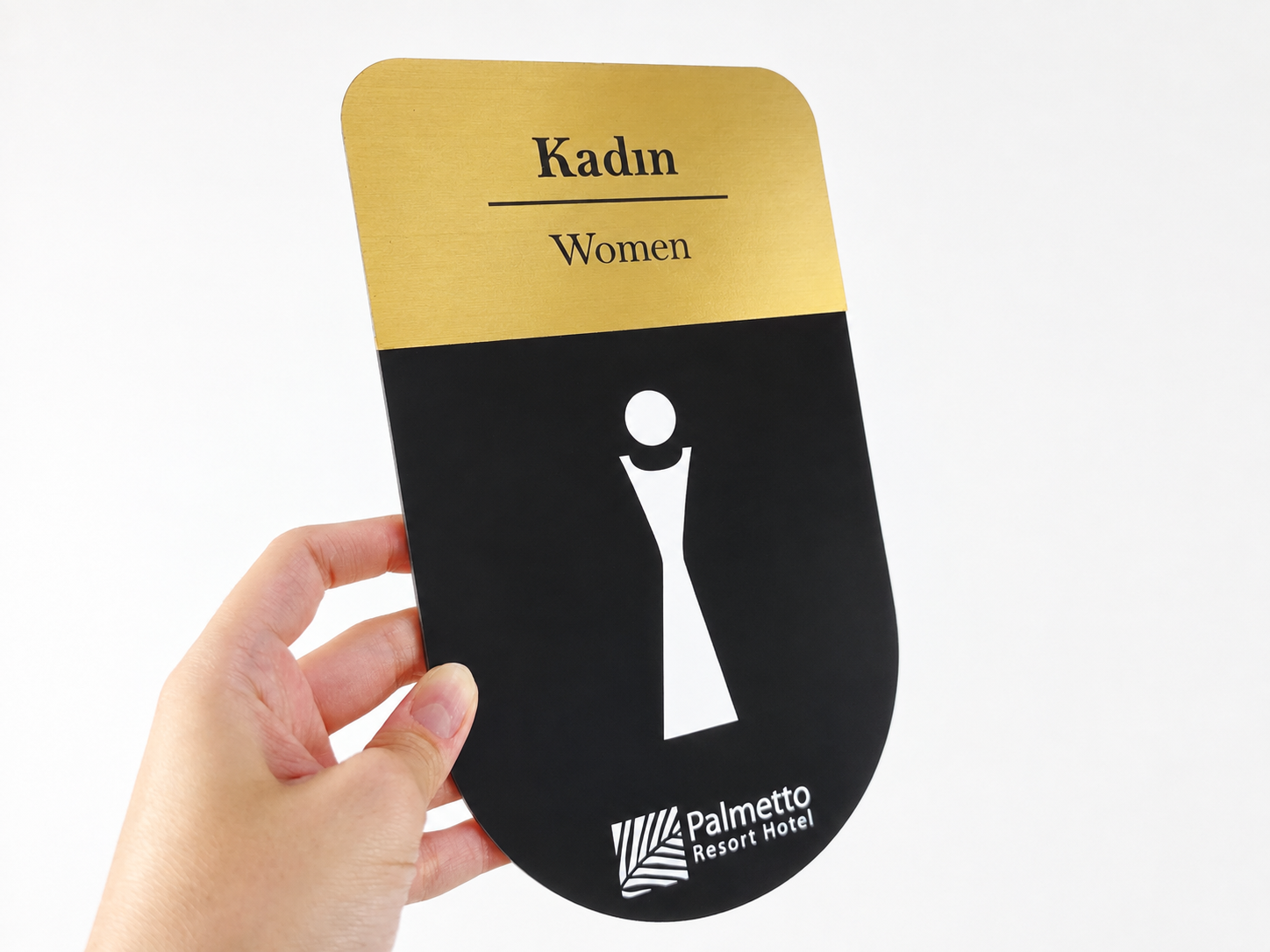 Kadın WC kapısı için gold paslanmaz çelik yönlendirme tabelası.