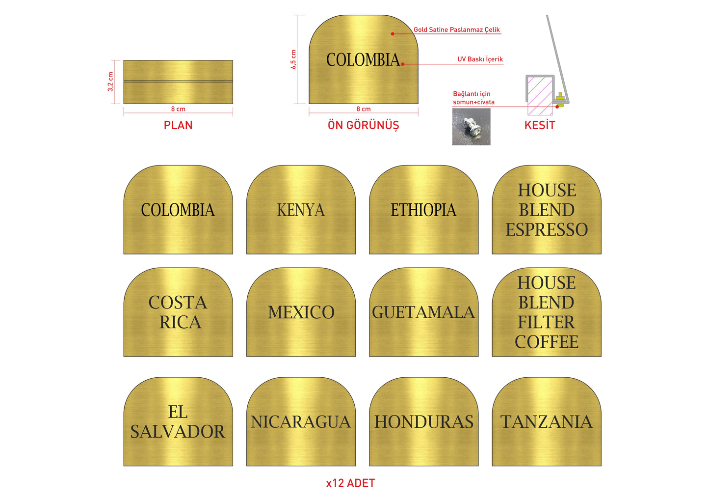 Kahve çekirdeği çeşitlerini sergilemek için gold paslanmaz çelik isimlik seti