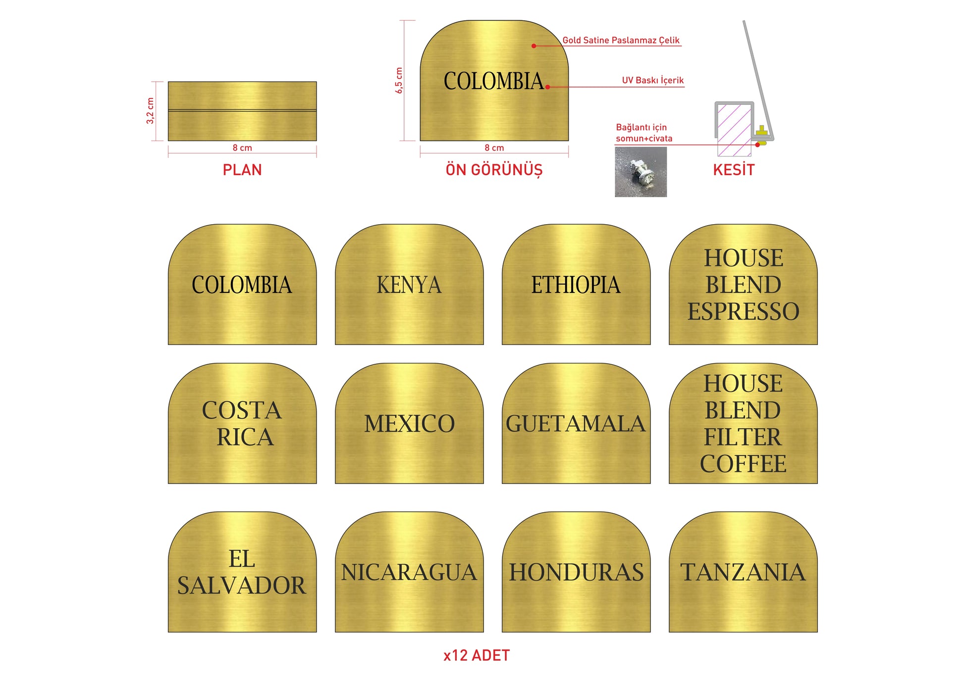 Kahve çekirdeği çeşitlerini sergilemek için gold paslanmaz çelik isimlik seti