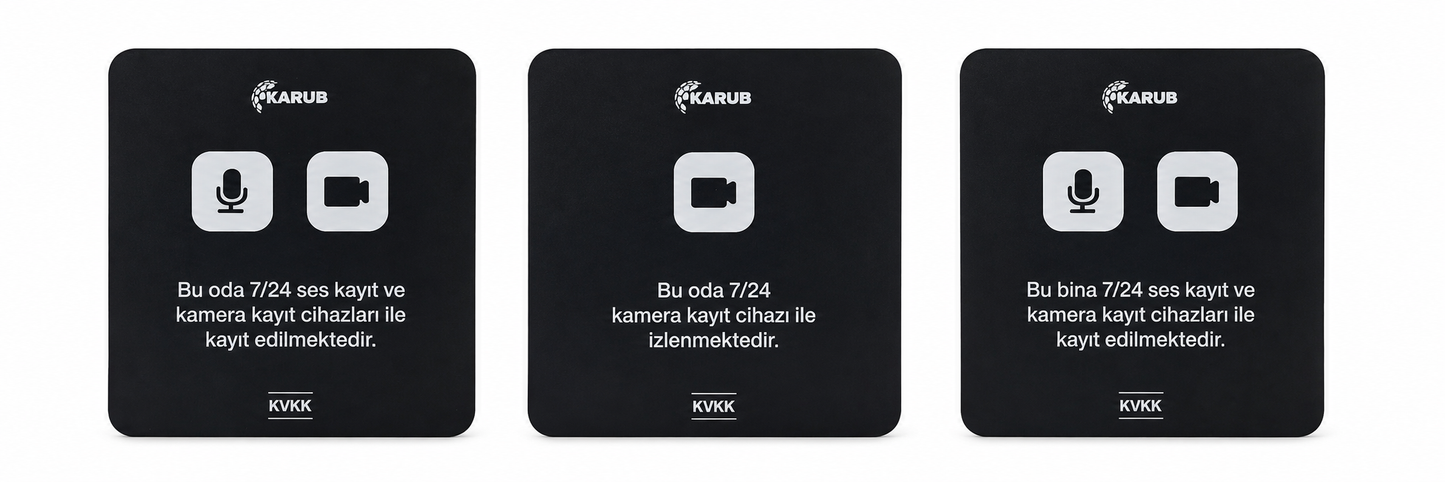 Karub için üretilen kişiselleştirilebilir kamera kayıt uyarı levhası 3’lü set