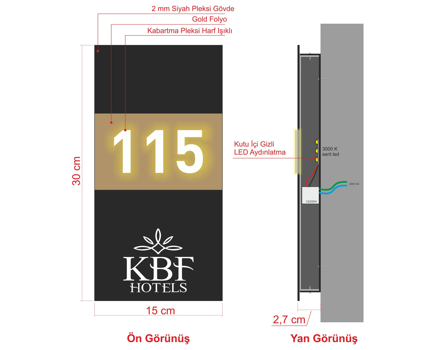 KBF Hotels LED oda numarası tabelasının ölçü ve teknik yapı detayları