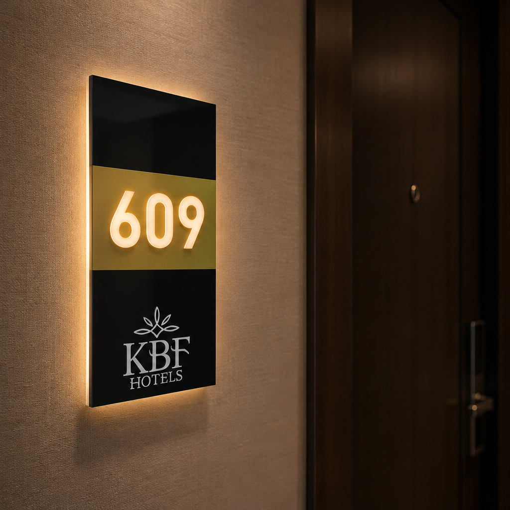 KBF Hotels için üretilen LED ışıklı otel oda numarası tabelası