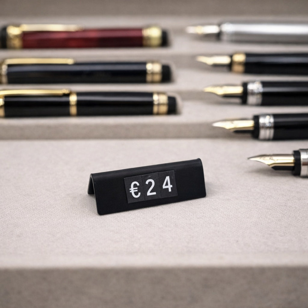 Minimal tasarımlı masa üstü metal fiyatlık, küçük ve şık görünüm sunar.