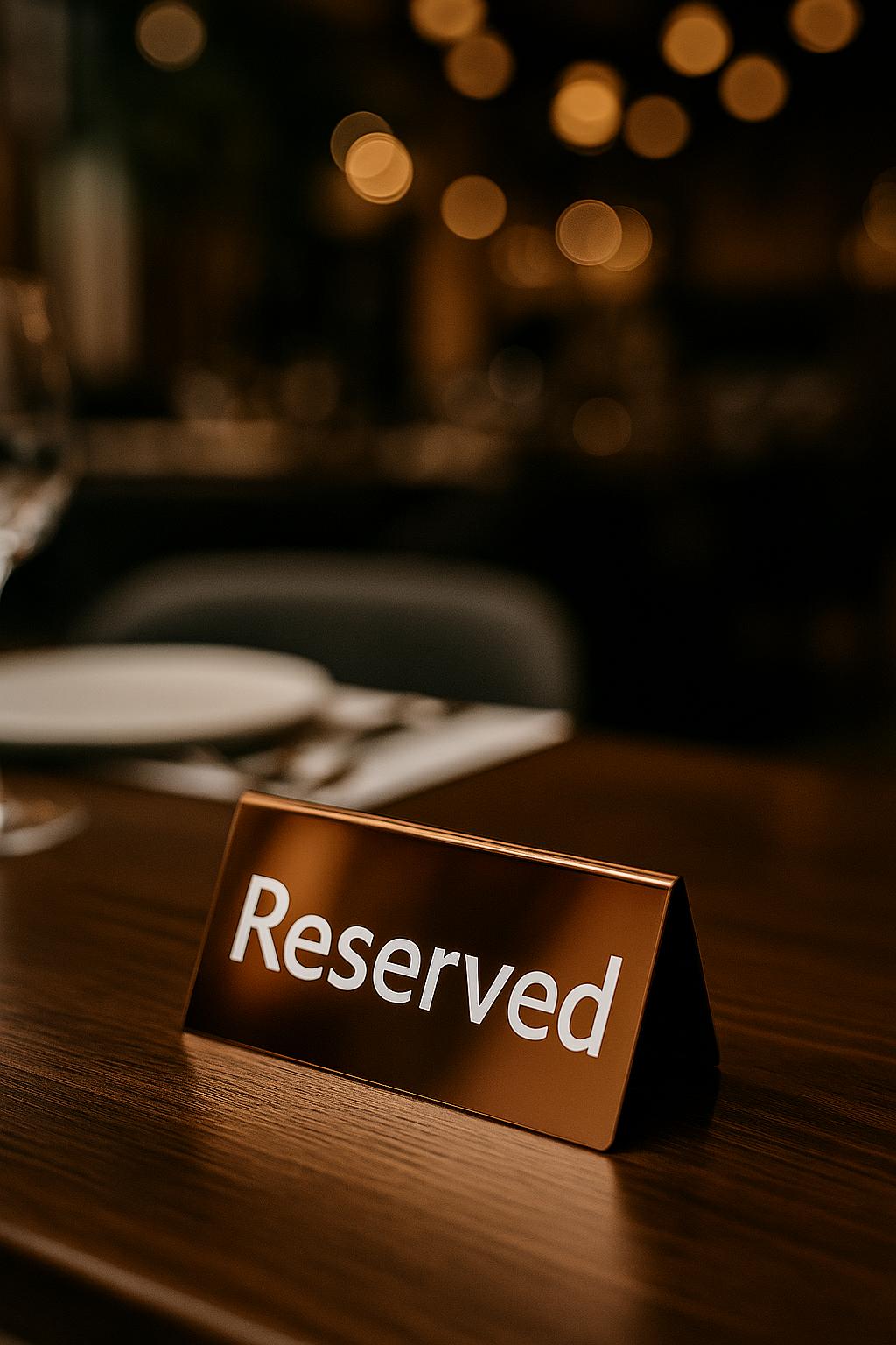 Lüks kafe, otel ve restoranlar için rose bronz metal masaüstü rezervasyon tabelası, iç mekan kullanımına uygun reserved masa işareti.
