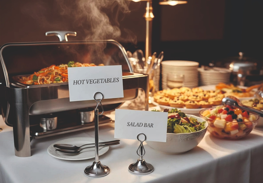 Şık krom ayaklı isimlik, açık büfe sunumlarda yemek etiketleme için ideal bir çözümdür.