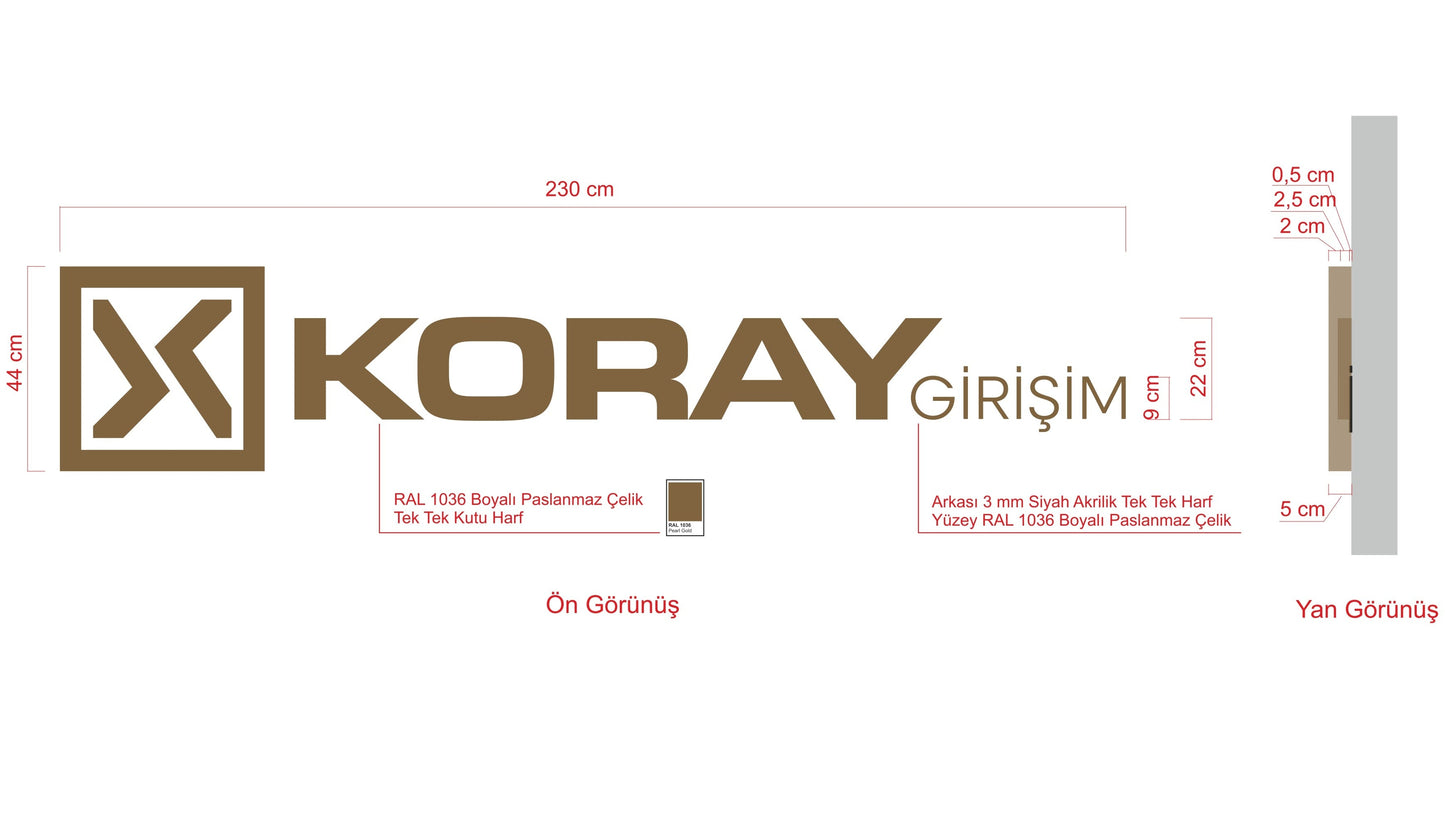 Ofis giriş duvarında kullanılan özel üretim metal firma logo ve duvar tabelası
