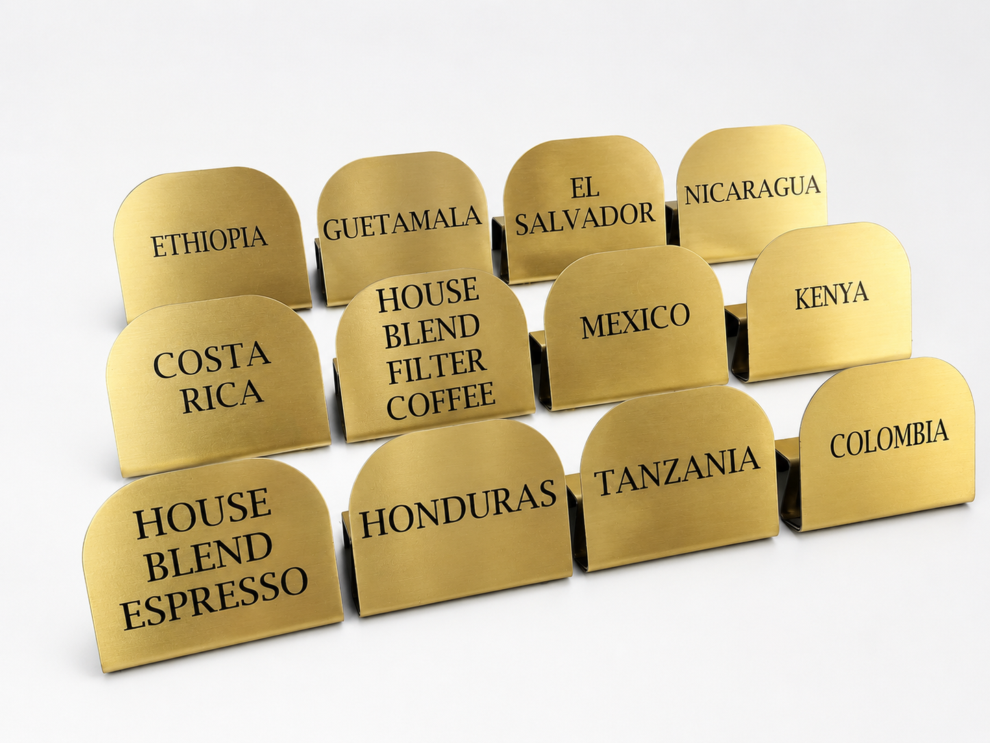 Kafe ve coffee shoplar için gold metal kahve çeşitleri isimlik standı 12’li set