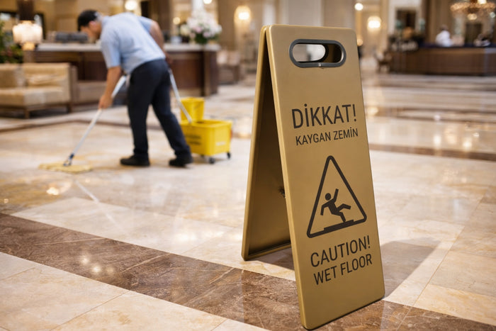 Katlanabilir metal wet floor uyarı tabelası, modern zemin üzerinde yerleştirilmiş şekilde