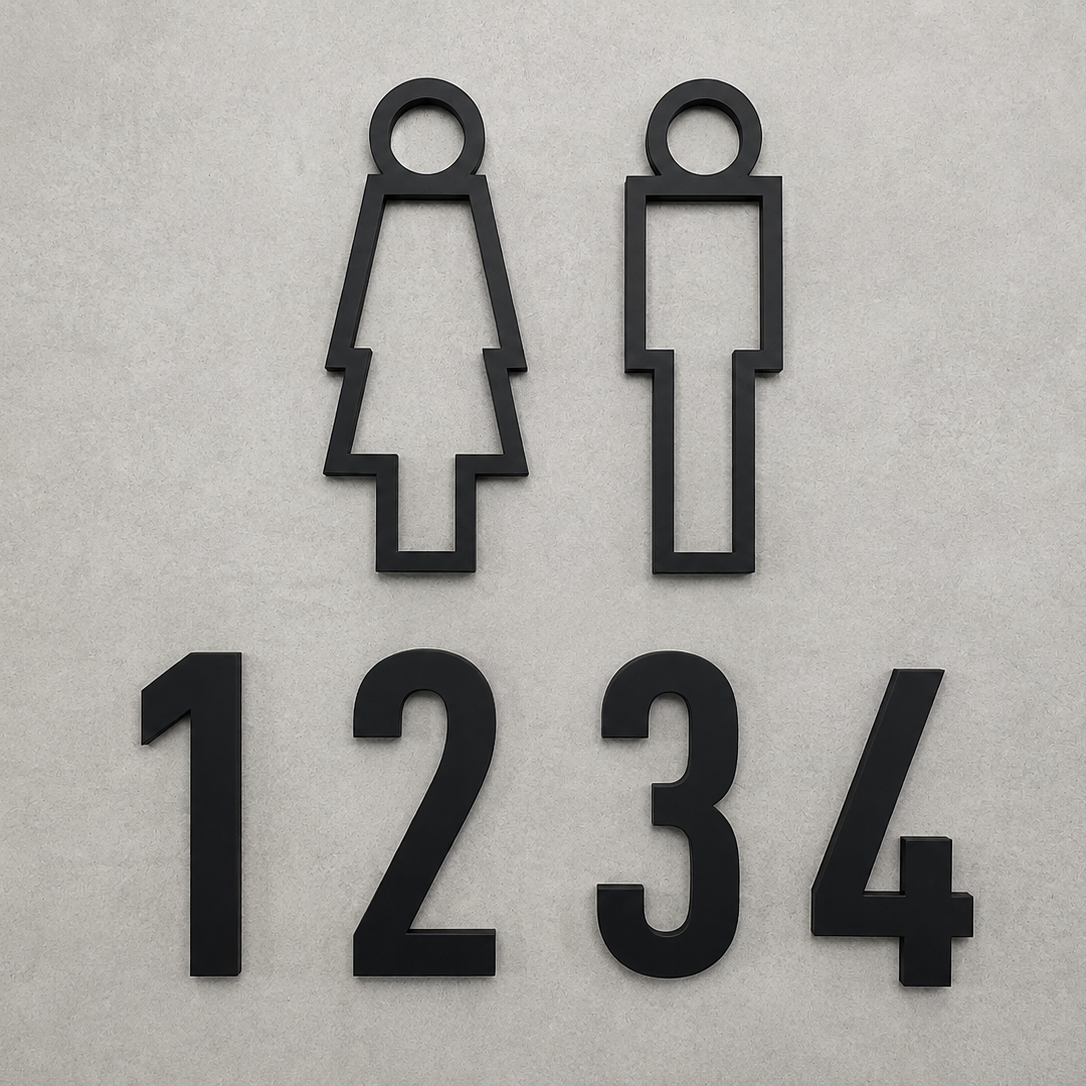 Otel ve konaklama işletmeleri için oda numarası ve kadın erkek WC tabela seti