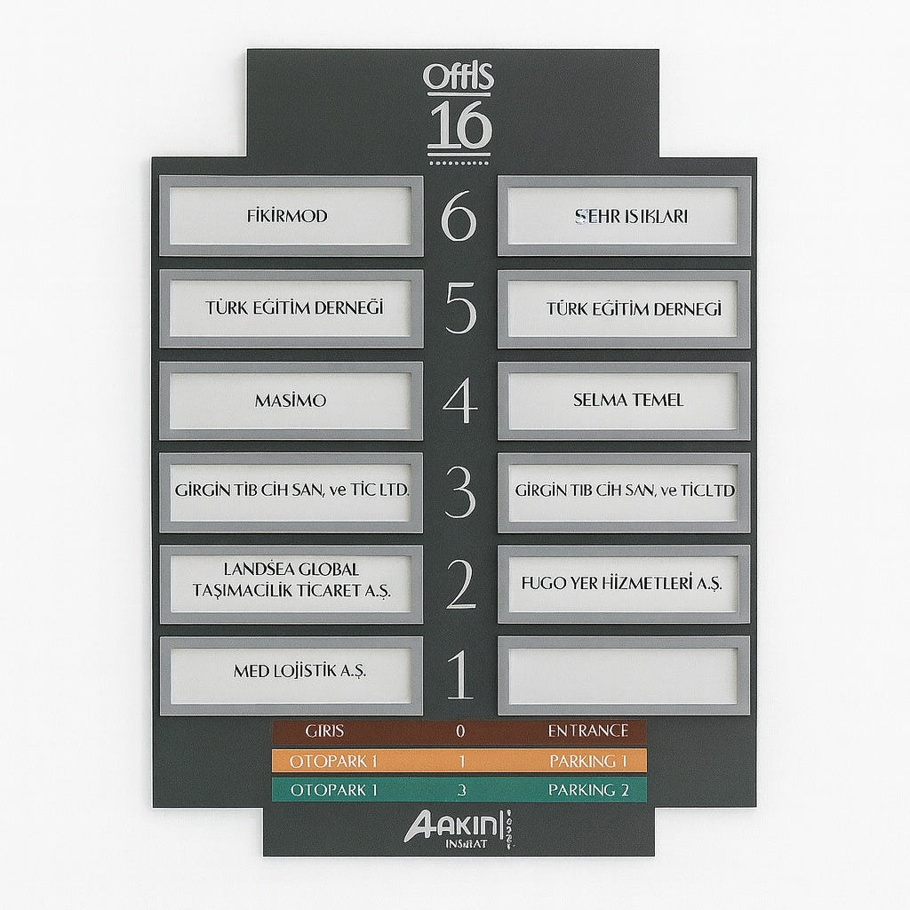 Ofis binası asansör bilgi tabelası metal tasarım
