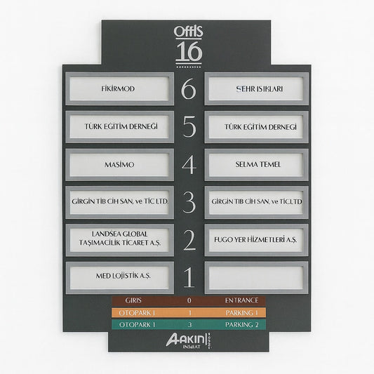 Ofis binası asansör bilgi tabelası metal tasarım