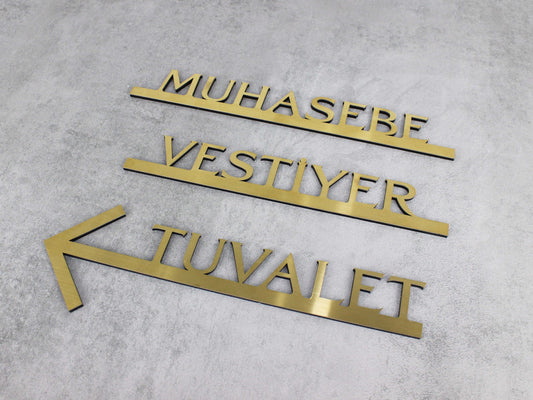Muhasebe bölümü için gold metal ofis yönlendirme tabelası