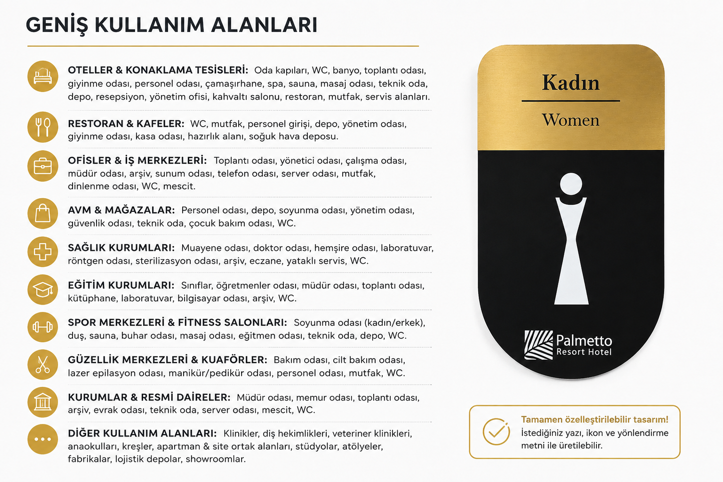 Gold paslanmaz çelik otel kapı yönlendirme tabelasının WC, giyinme odası, SPA, sauna, toplantı odası, resepsiyon, personel alanı, depo ve ofis gibi farklı kullanım alanlarını gösteren görsel.