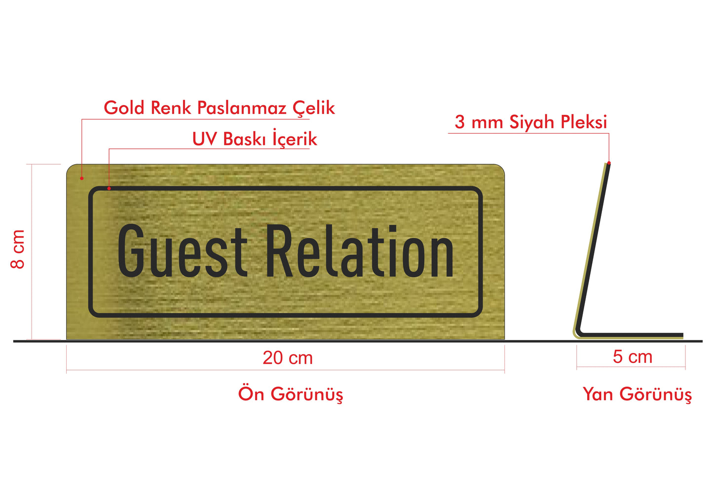 Otel karşılama bankosu ve Guest Relations alanları için özel üretim isimlik tabelası.