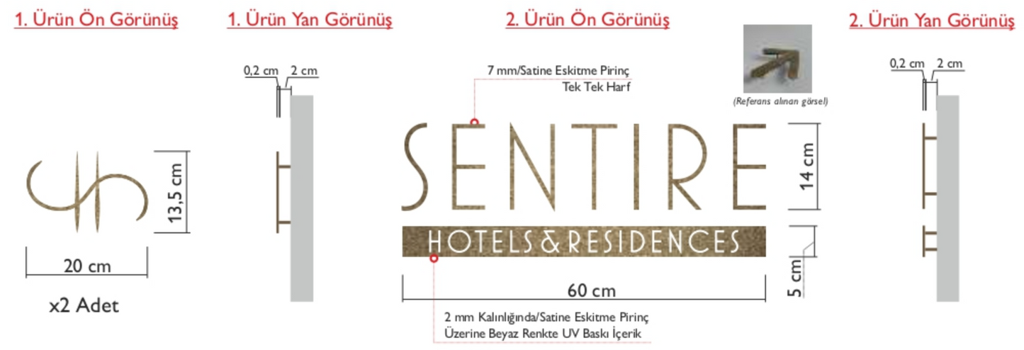 Otel lobisinde kullanılan üç boyutlu pirinç logo harf tabela uygulaması.