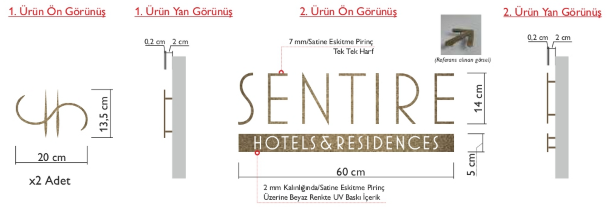 Otel lobisinde kullanılan üç boyutlu pirinç logo harf tabela uygulaması.